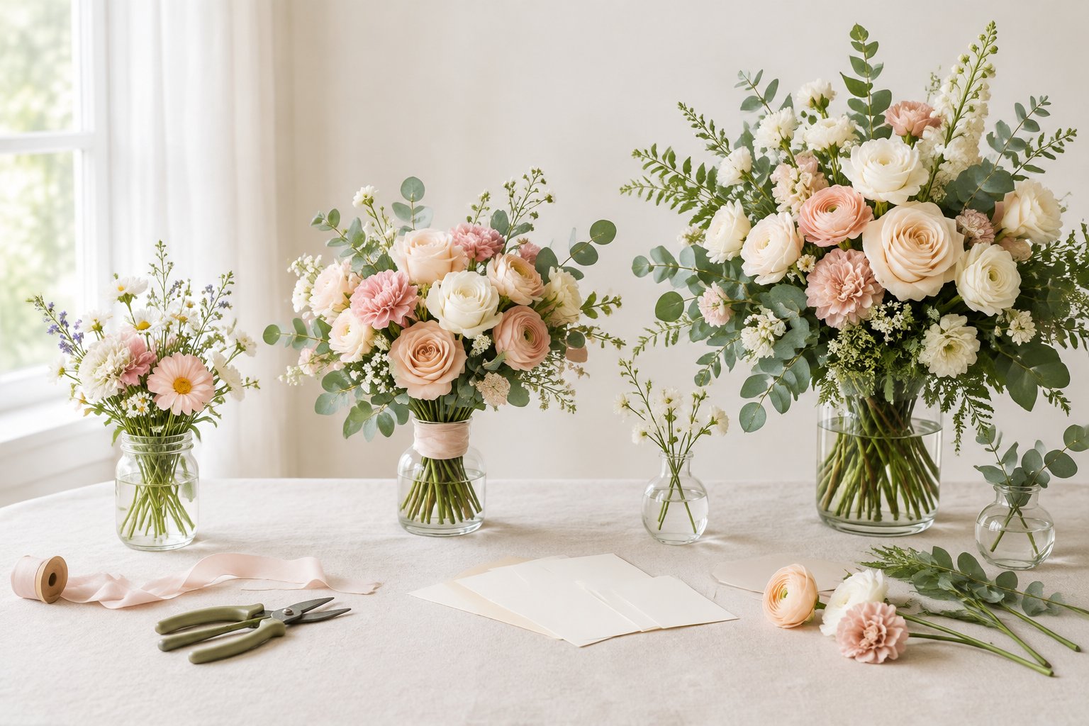 Wedding flowers arranged in simple, medium, and abundant bouquets on a bright tabletop.