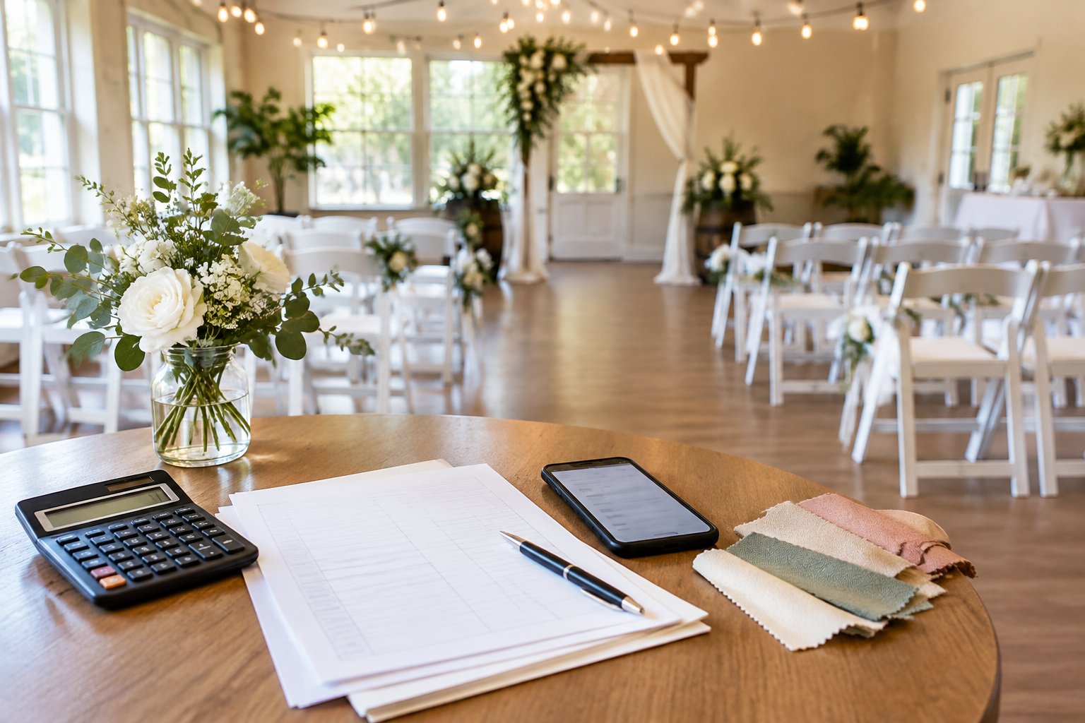 A modest wedding venue with a table holding budgeting supplies and simple wedding decorations.