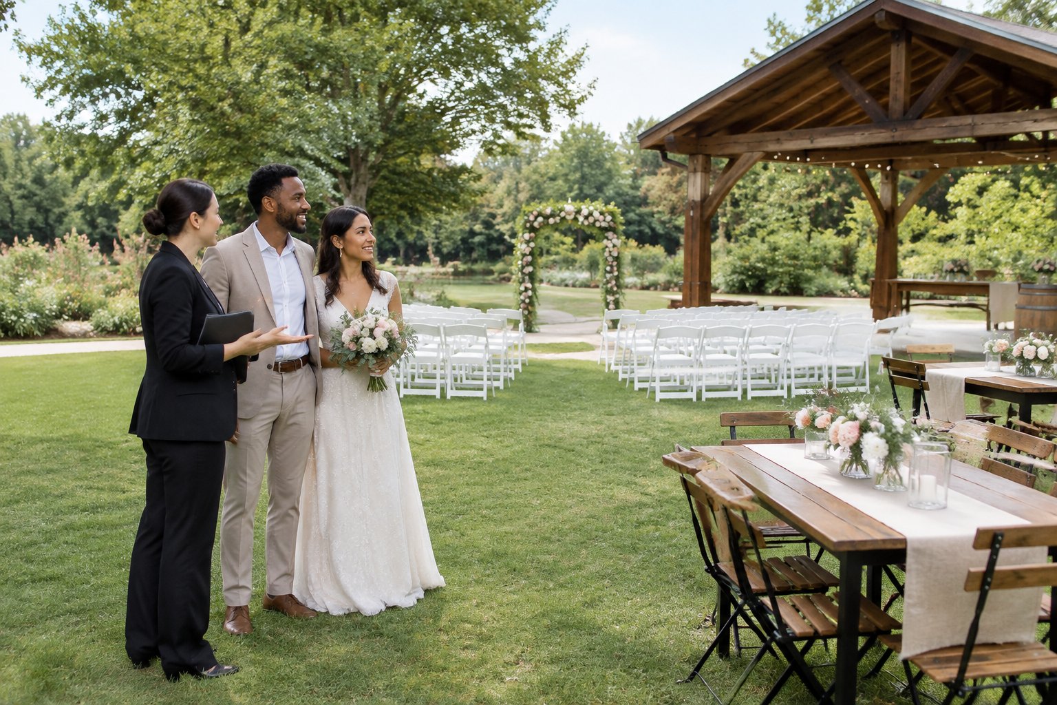 A couple tours a simple outdoor wedding venue with a pavilion, chairs, and a small floral arch.