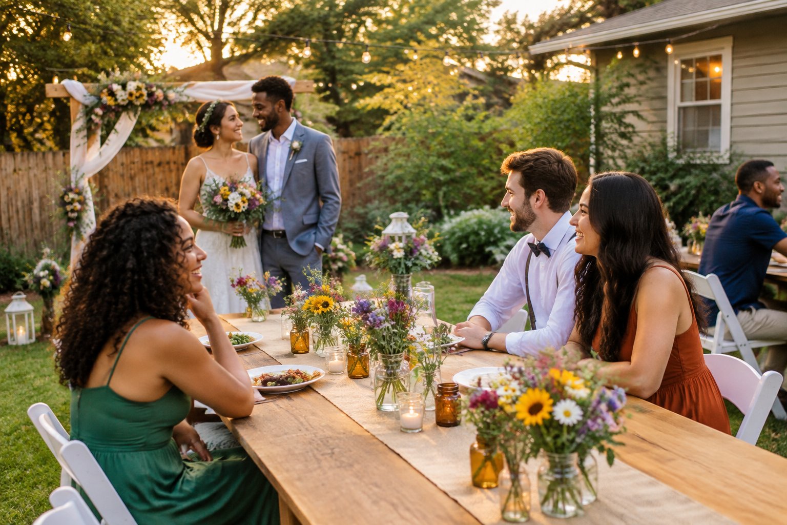 A small outdoor wedding reception in a decorated backyard garden with guests gathered around a simple table.