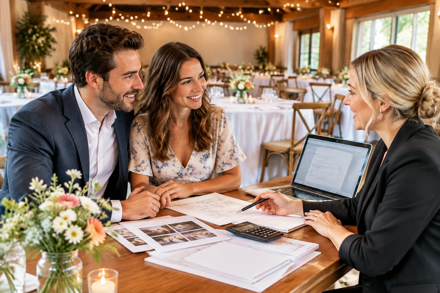 A couple compares wedding venue costs with a planner in a warmly decorated reception space.