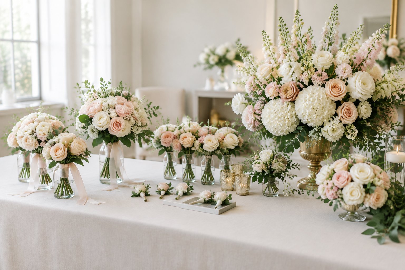 Wedding flower arrangements and bouquets displayed together on a table.