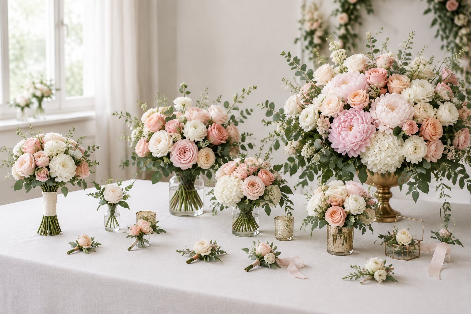 Several wedding flower arrangements displayed in tiers from simple to luxurious on a florist’s consultation table.