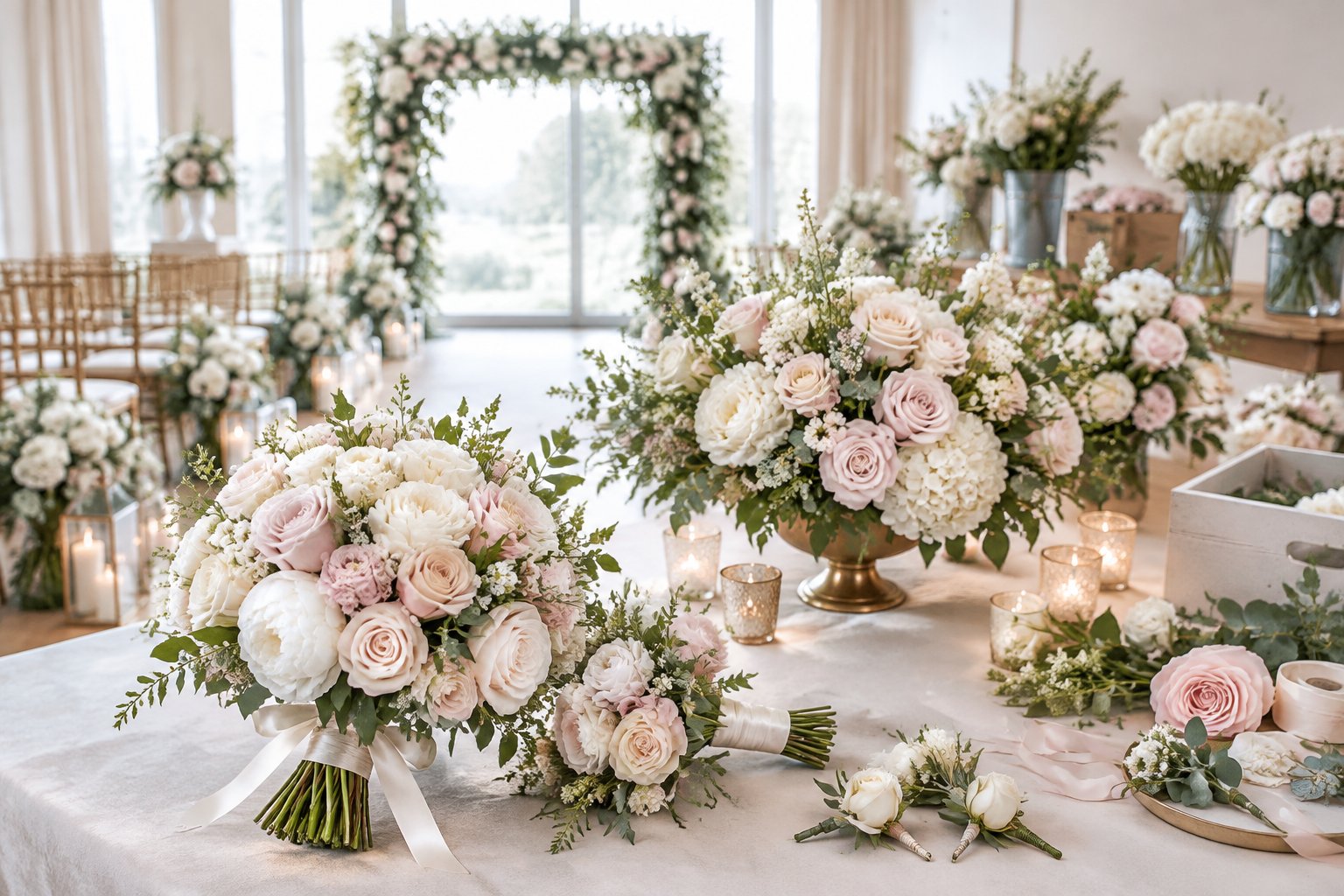 A coordinated collection of wedding bouquets, boutonnieres, centerpieces, and ceremony flowers arranged in an elegant venue.