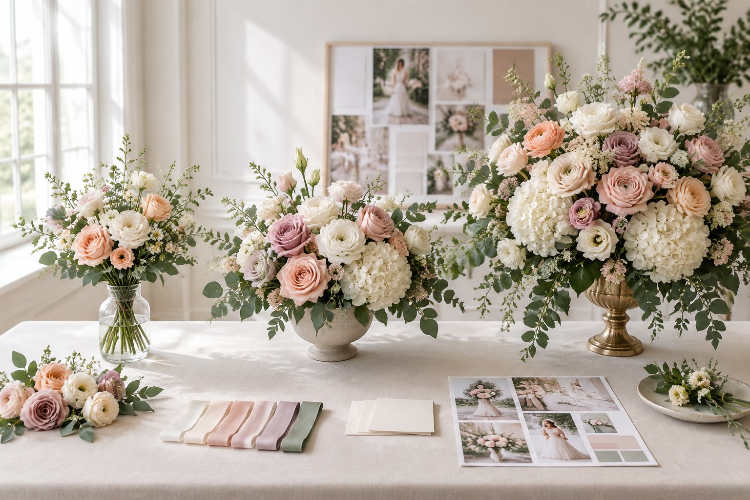 Wedding flower arrangements displayed in a range of sizes and styles on a consultation table.