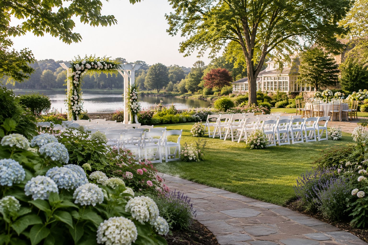 An elegant garden wedding venue with flower beds, manicured lawns, a ceremony arch, and neatly arranged chairs.