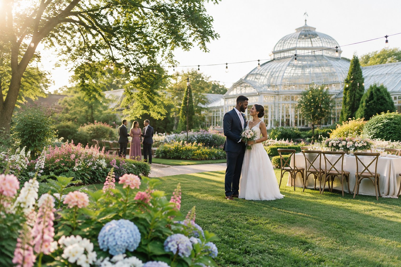 A couple celebrates their wedding among colorful flowers in a lush botanical garden.