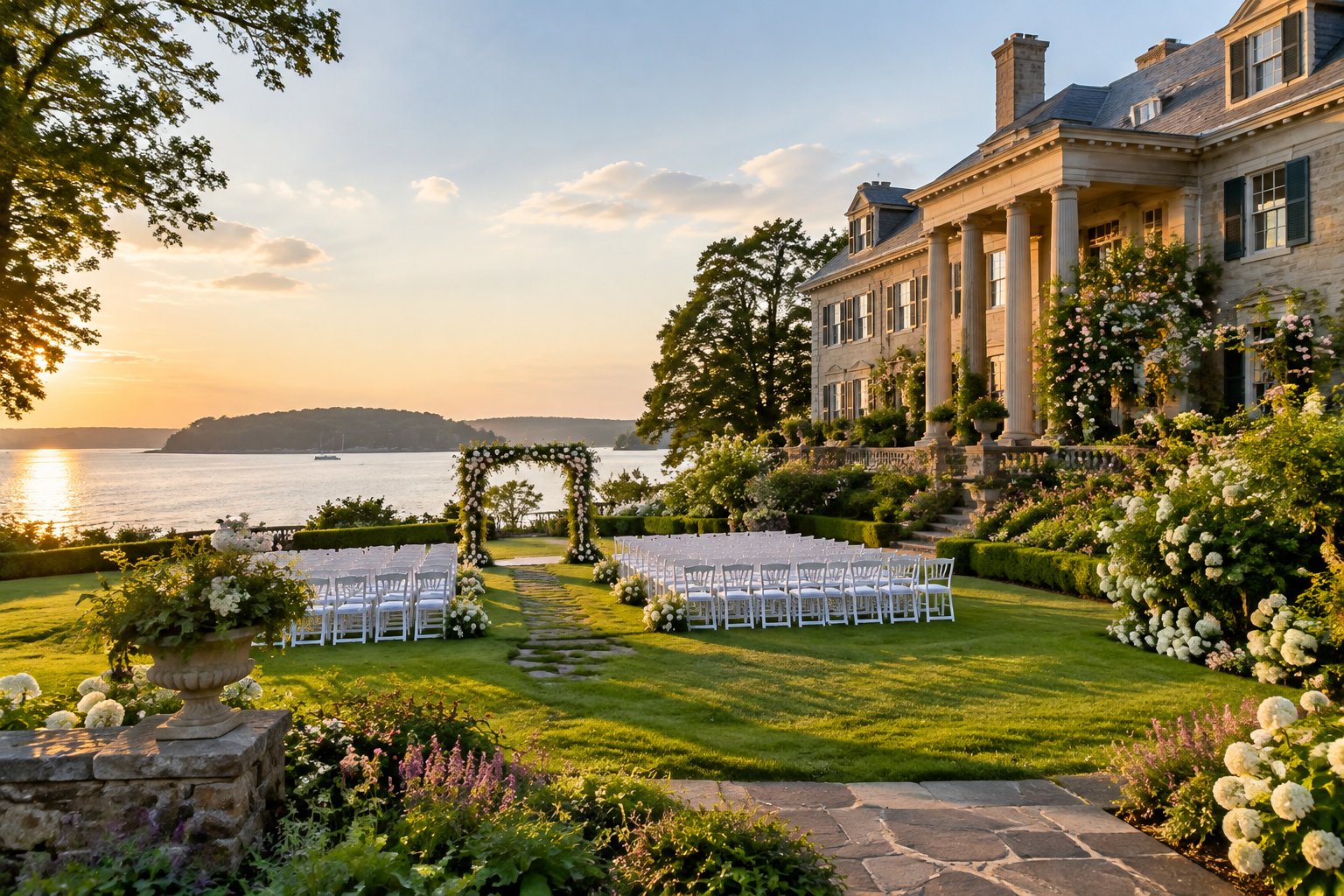 A historic estate with blooming gardens, outdoor wedding chairs, and a calm waterfront in the background.