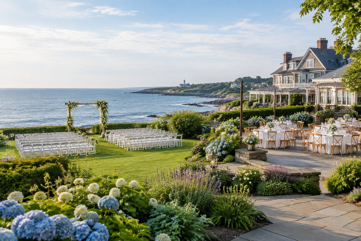 A landscaped coastal garden wedding venue with white ceremony chairs, floral decorations, and ocean views.