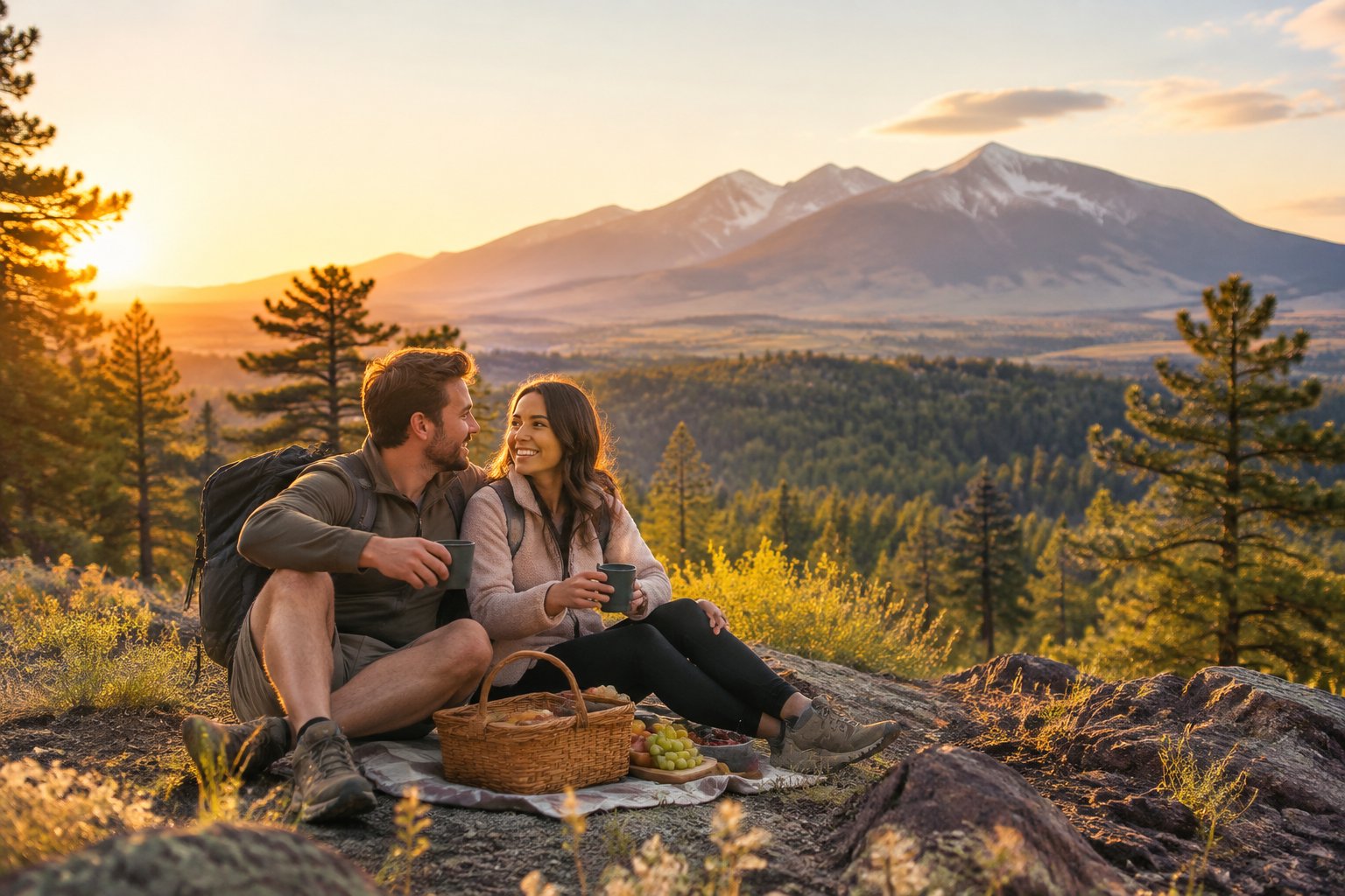 A newlywed couple shares a picnic in a sunny Flagstaff forest meadow with mountains in the background.