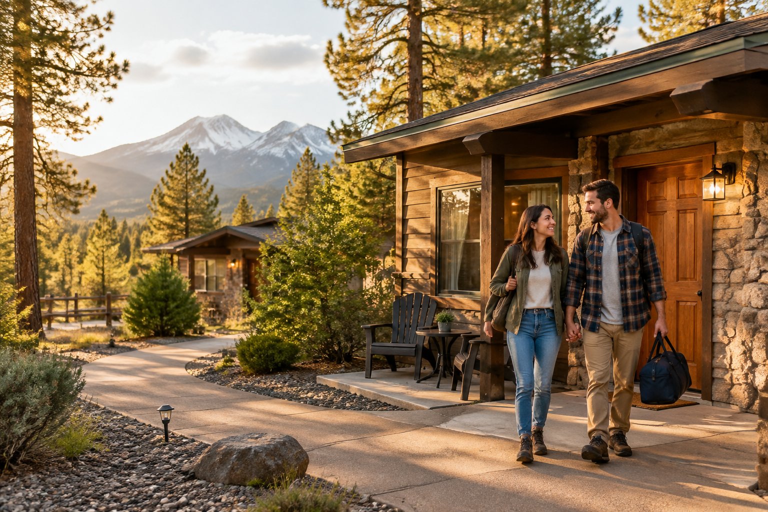 A newlywed couple stands outside an affordable mountain lodge surrounded by pine trees near Flagstaff.