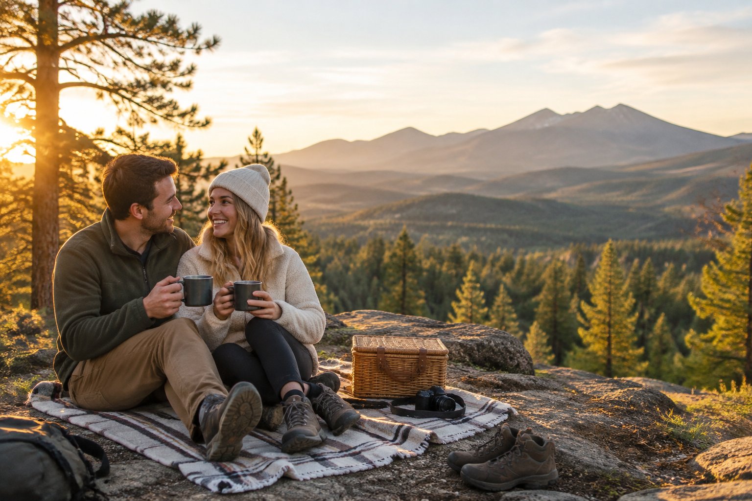 A newlywed couple enjoys a picnic together at a scenic pine forest overlook near Flagstaff.