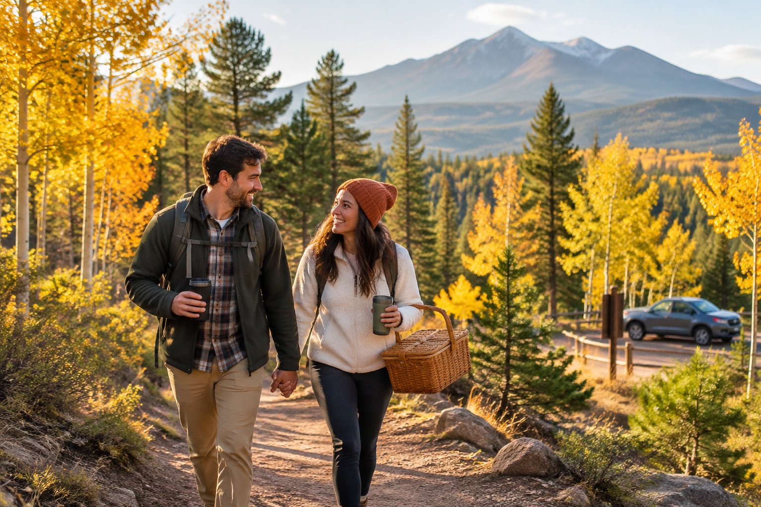 Newlywed couple walking hand in hand through an autumn forest near Flagstaff with mountains in the distance.