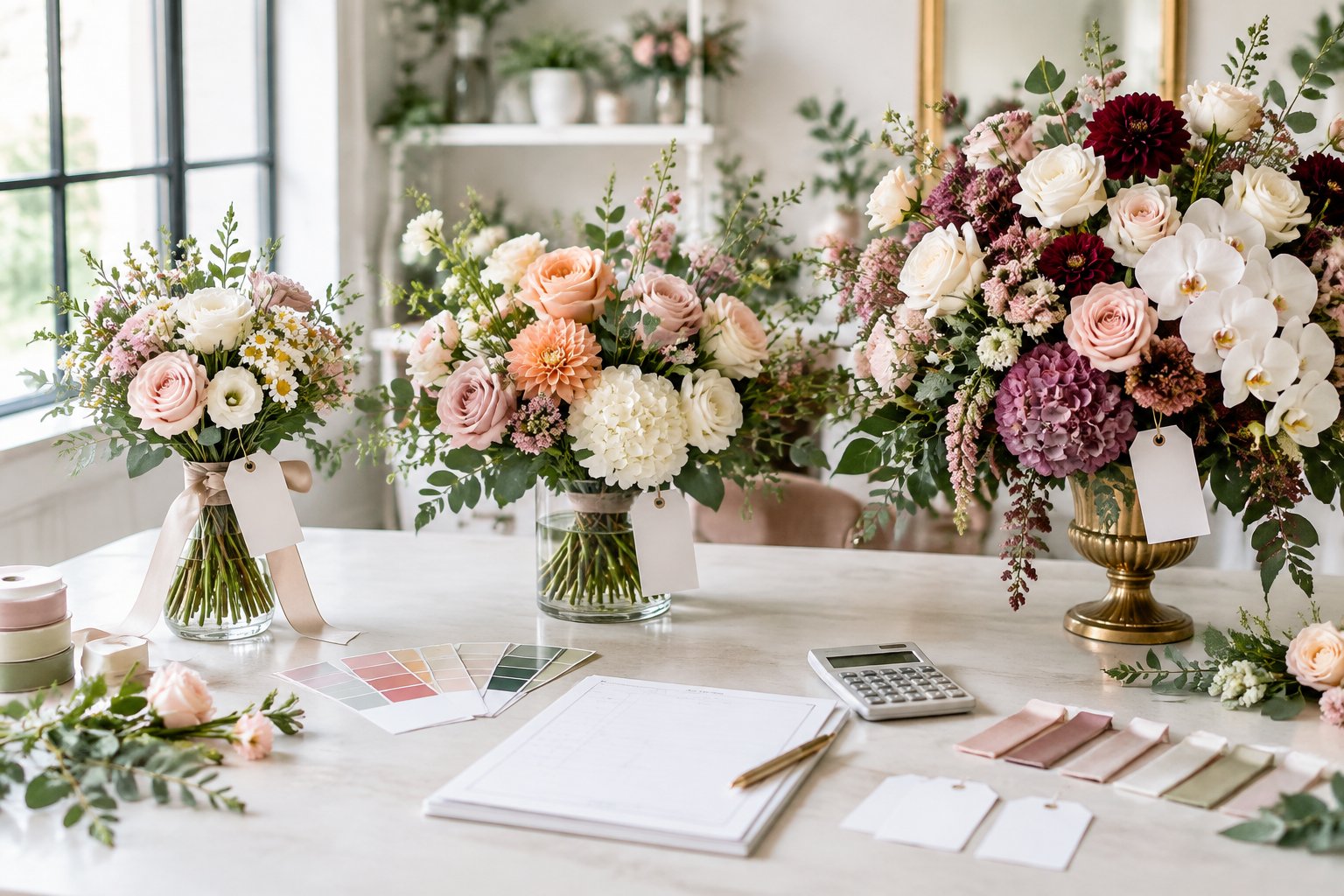 Three wedding flower arrangements ranging from simple to lavish sit on a florist’s consultation table.