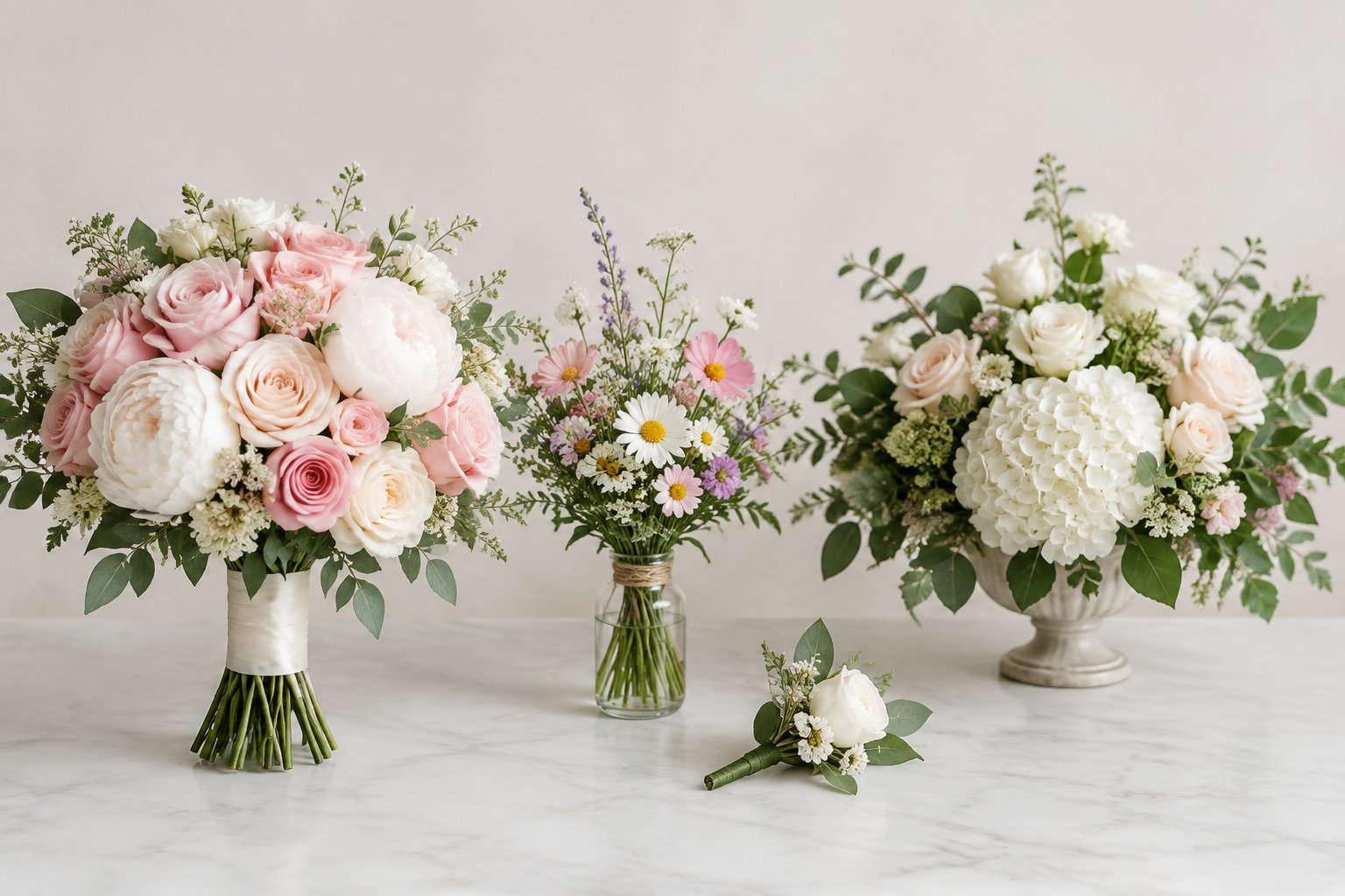 A selection of elegant wedding flower arrangements, including bouquets, a centerpiece, and a boutonniere, displayed on a neutral background.