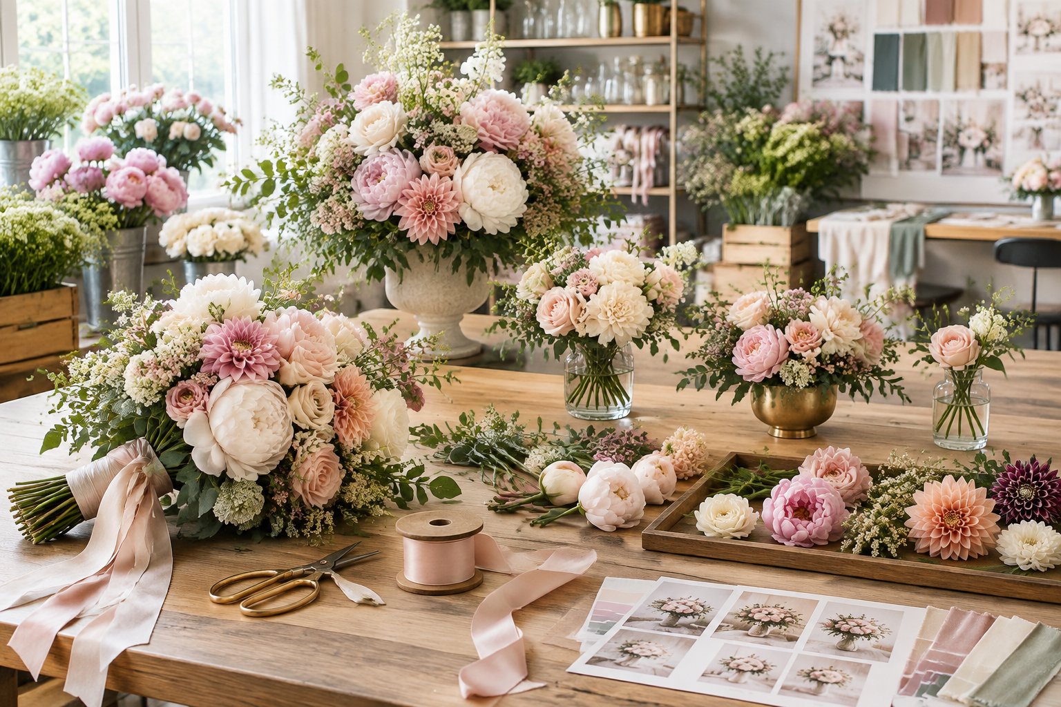 A wedding florist’s studio displays bouquets, floral arrangements, flowers, and supplies in a range of styles and sizes.