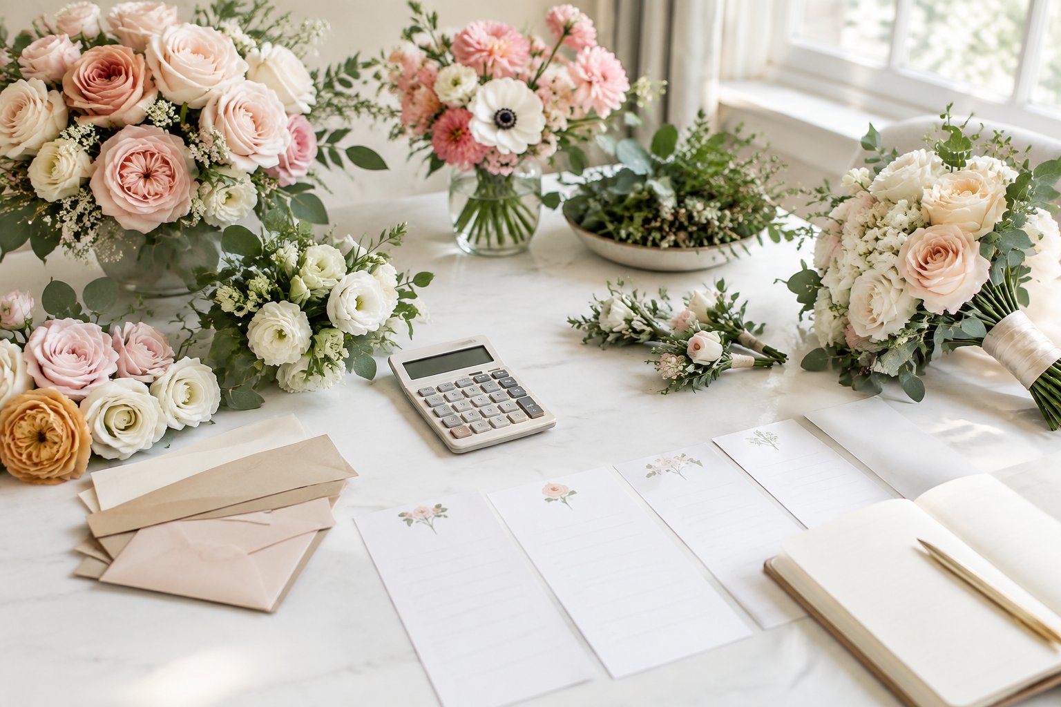 Wedding flowers and budgeting supplies arranged on a table.