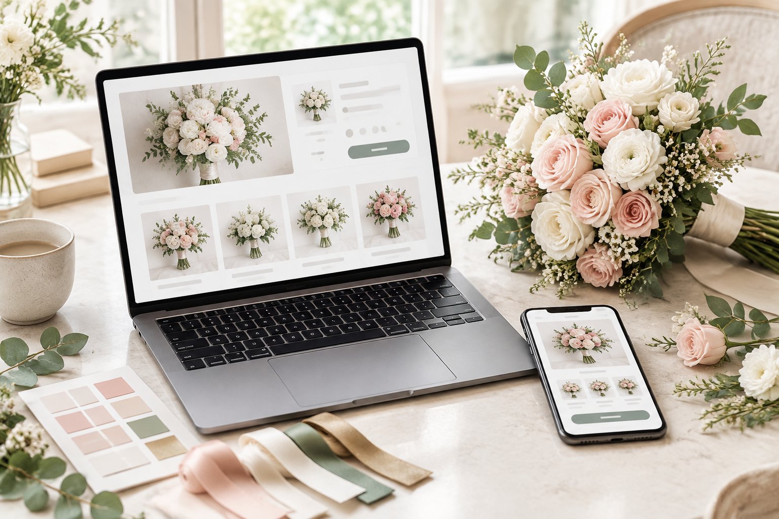 A laptop and smartphone beside a bridal bouquet and flower samples on an elegant workspace.