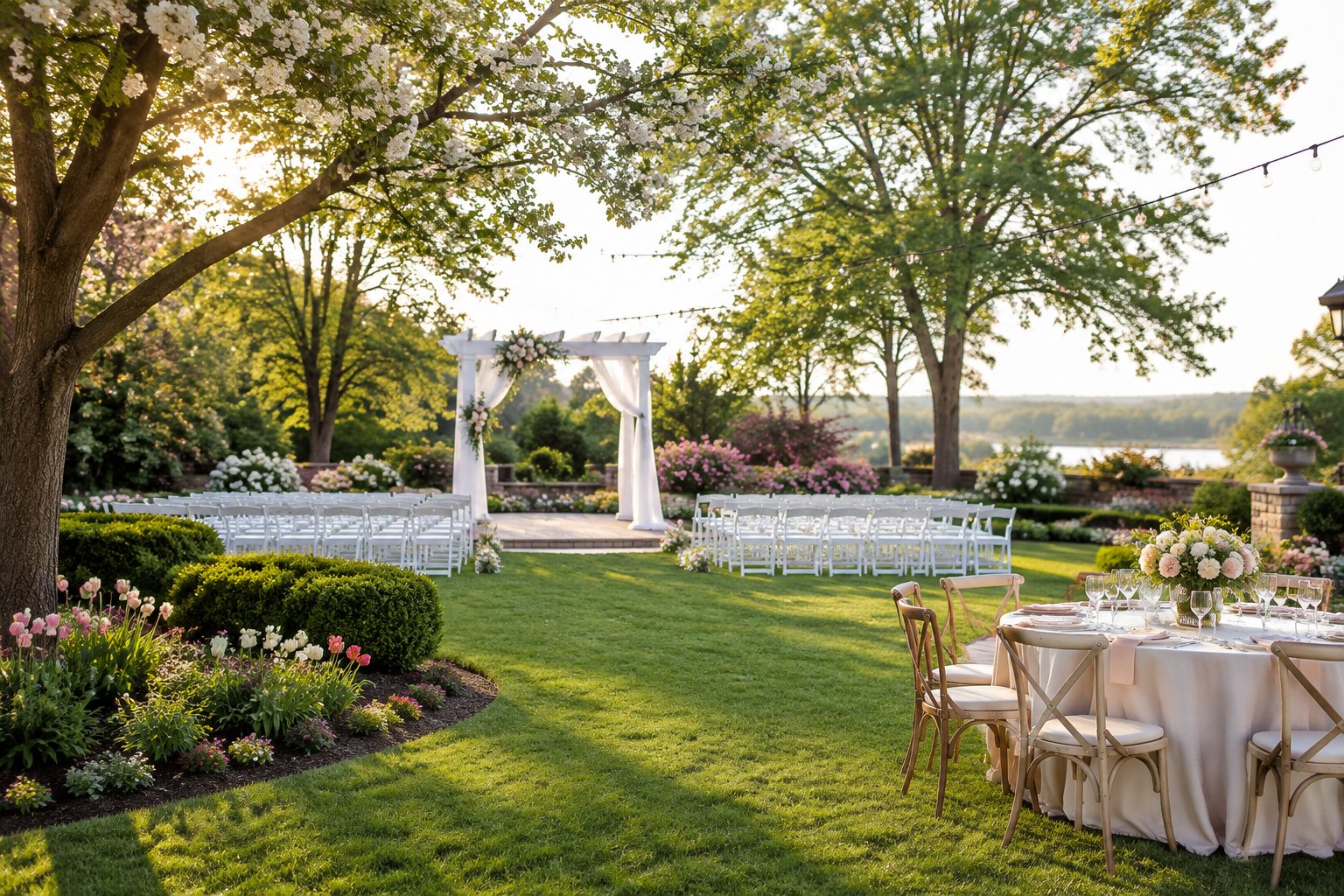 An elegant garden wedding venue with a floral arbor, white chairs, and a decorated reception table surrounded by lush greenery.