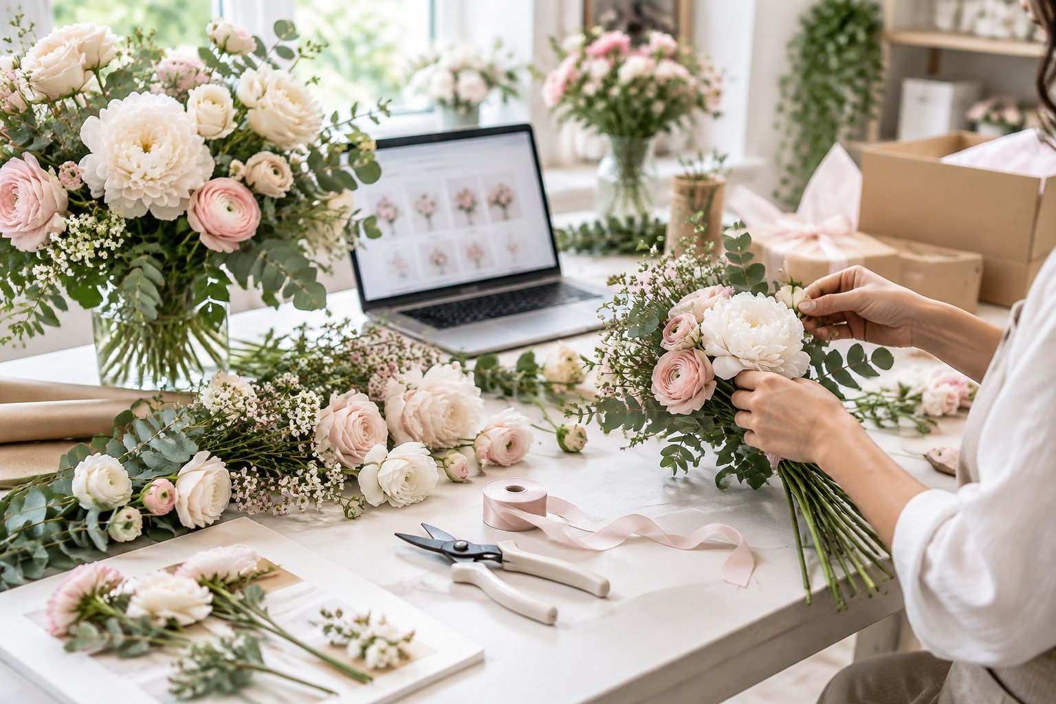A florist arranges white and blush wedding flowers beside a tablet in a bright studio.