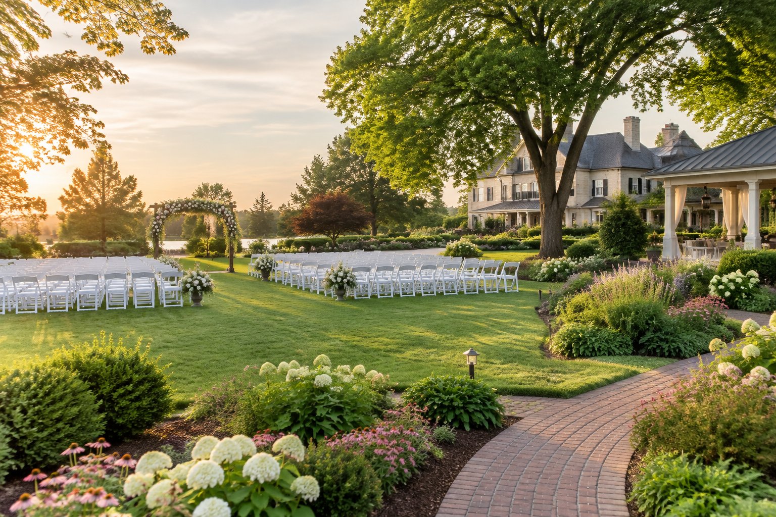 An elegant outdoor wedding ceremony area surrounded by blooming gardens and manicured lawns.