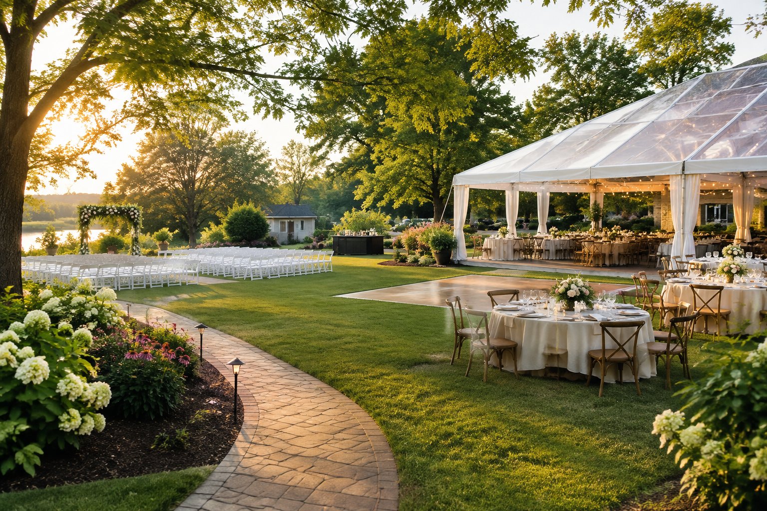 Elegant garden wedding venue with outdoor ceremony seating, floral decorations, and a reception tent surrounded by landscaped greenery.