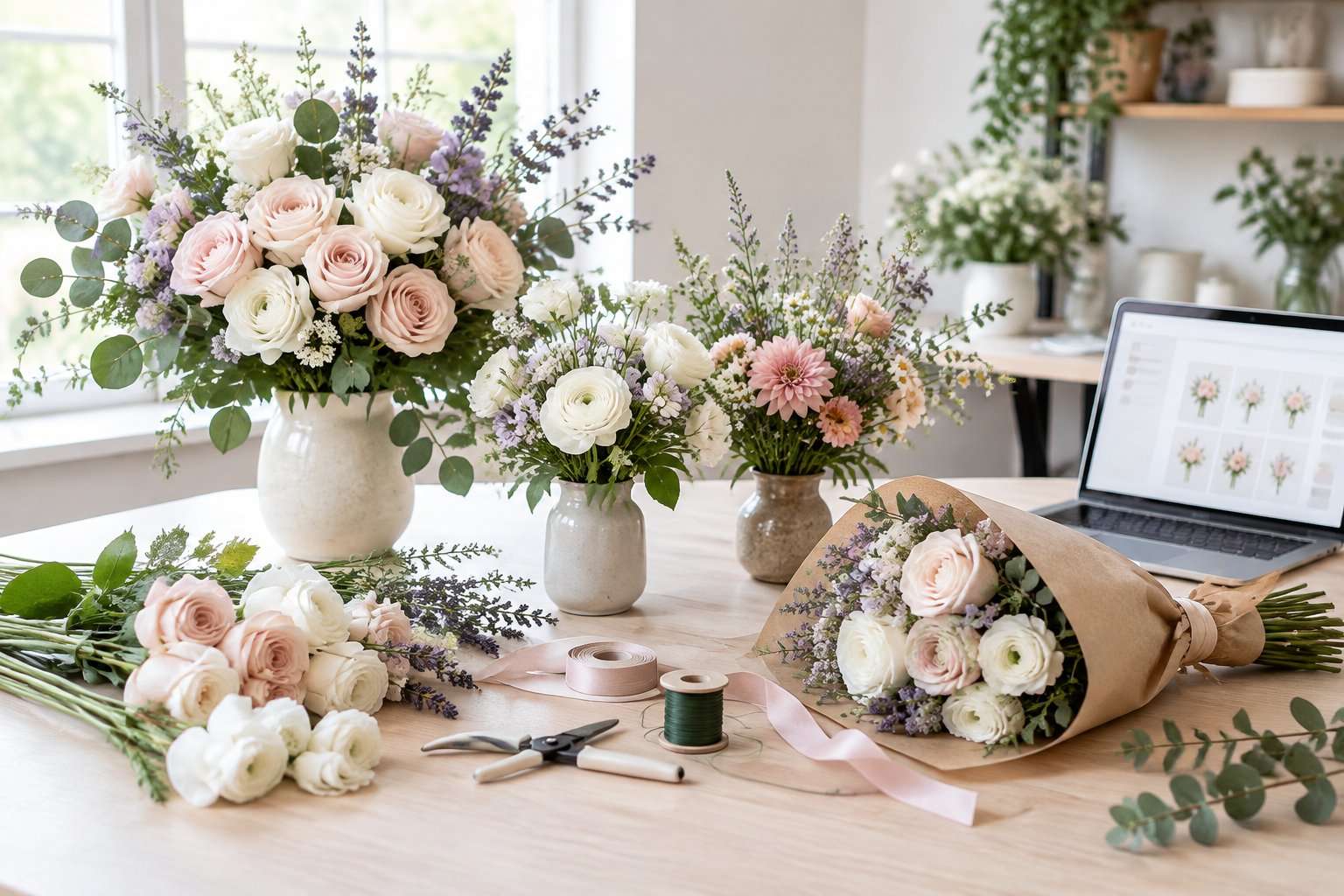 Seasonal wedding flowers arranged on a florist’s worktable beside floral design tools and a tablet.