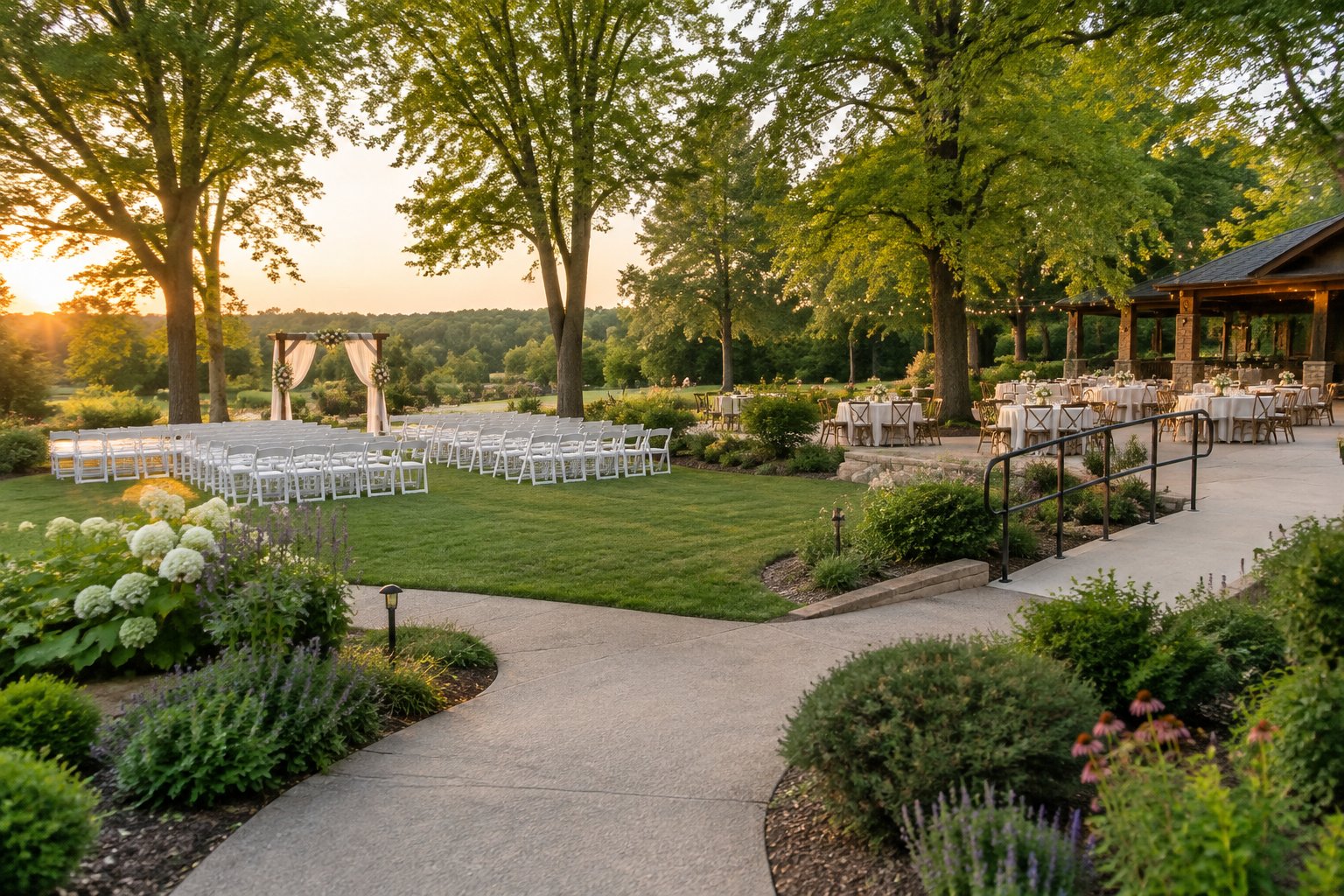 A landscaped garden wedding venue with rows of chairs, reception tables, and an accessible pathway.