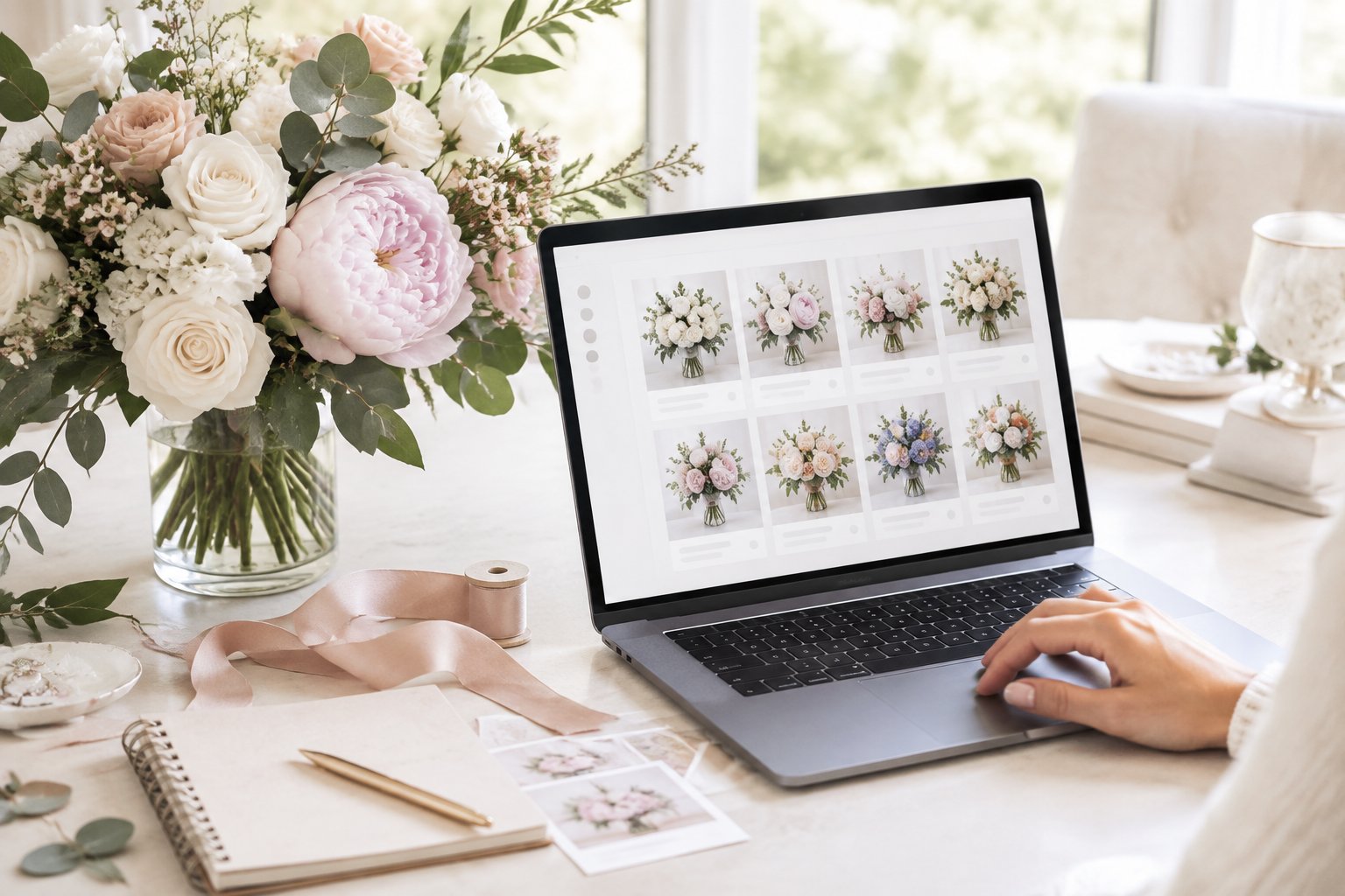 Wedding flowers arranged beside a laptop in an elegant home workspace.