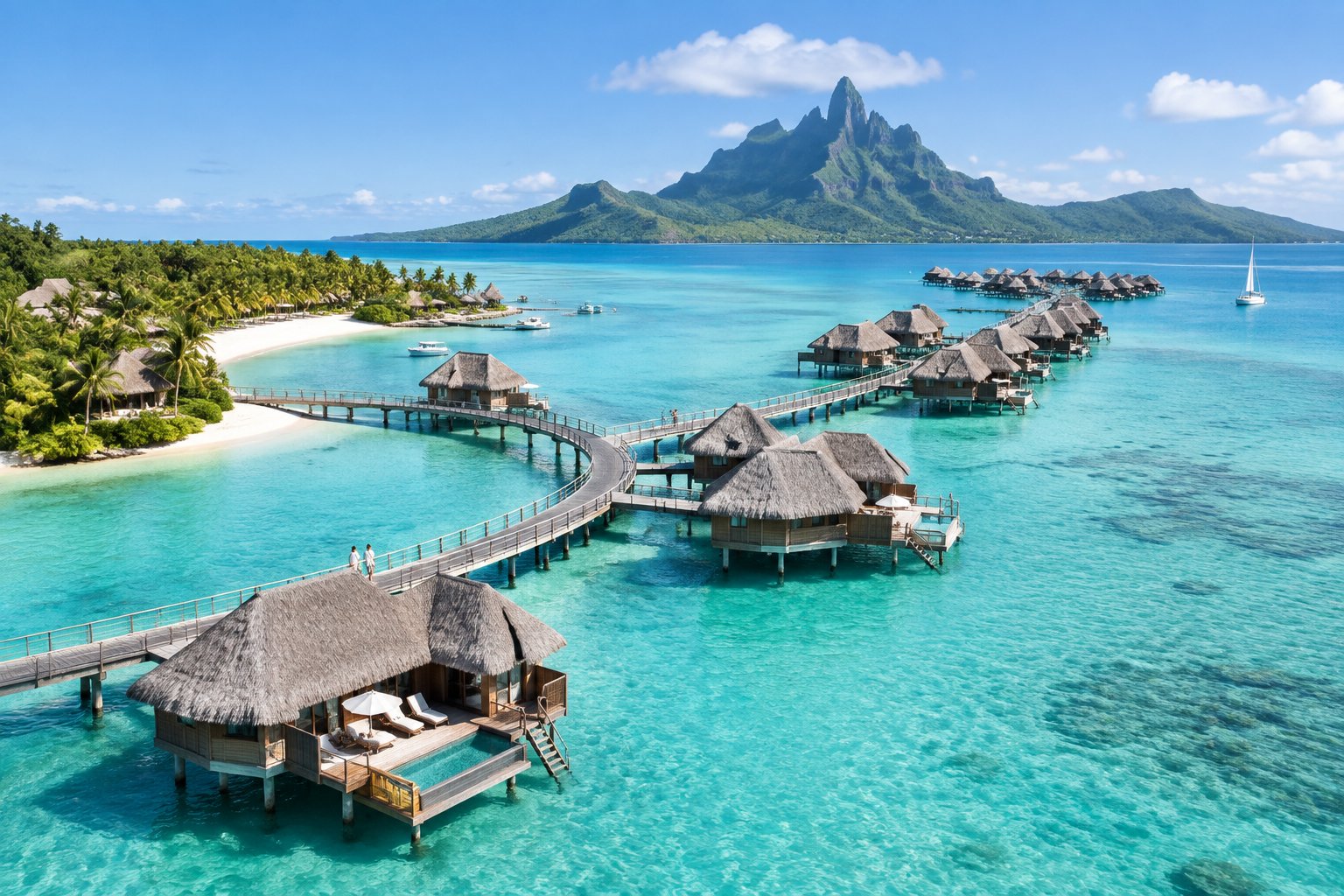 Overwater bungalows connected by a curved boardwalk across a turquoise lagoon, with a tropical island and Mount Otemanu in the background.