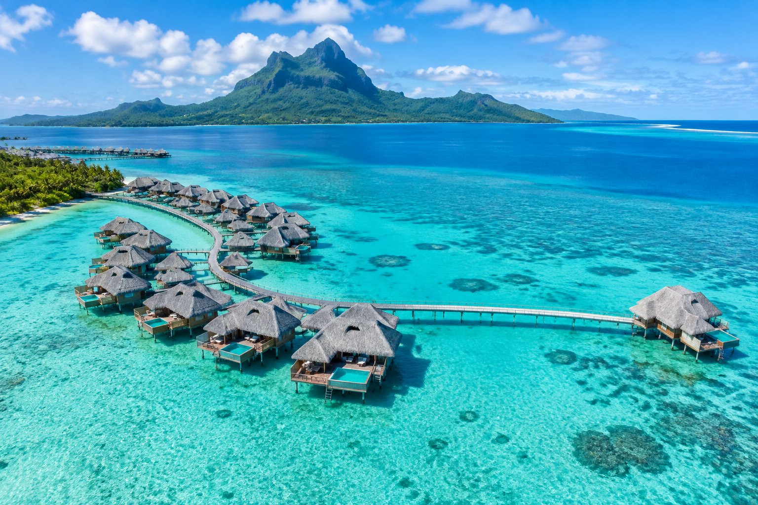 Aerial view of private overwater bungalows along a turquoise Bora Bora lagoon with Mount Otemanu in the distance.