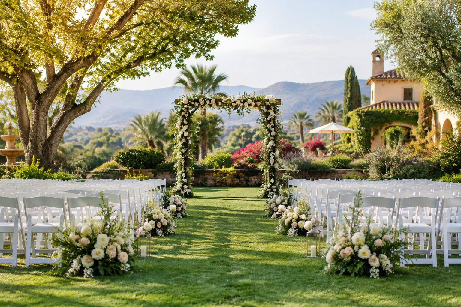 A landscaped garden wedding ceremony venue with flowering plants, chairs, and a floral arbor.