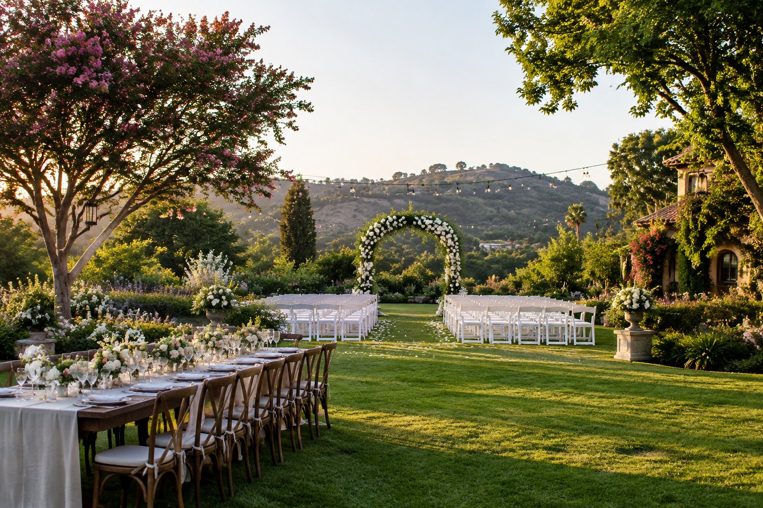 Elegant outdoor wedding ceremony area in a lush garden estate with a floral arch, white chairs, and a decorated reception table.