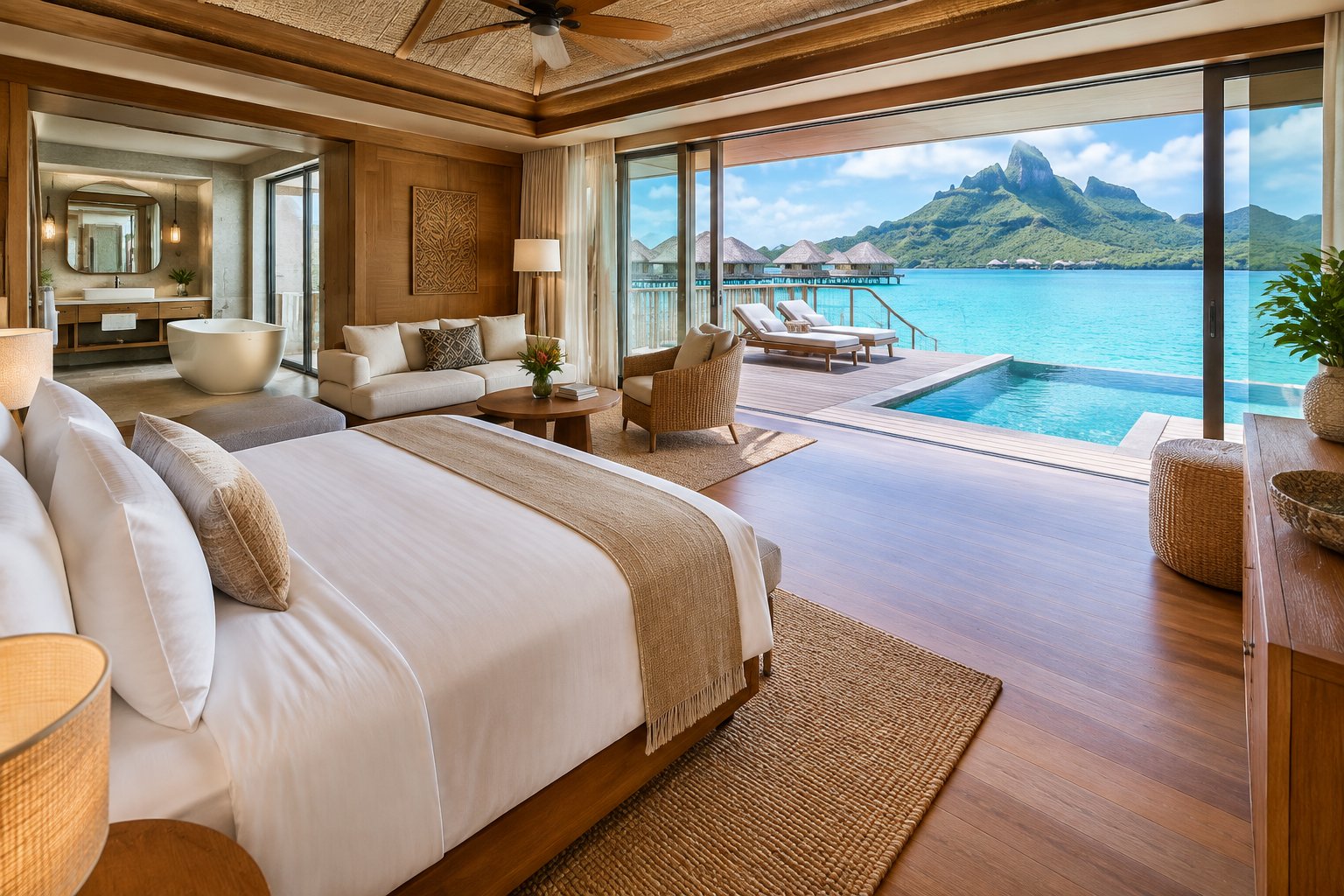 A luxurious overwater suite opens onto a private deck overlooking the turquoise Bora Bora lagoon and mountains.