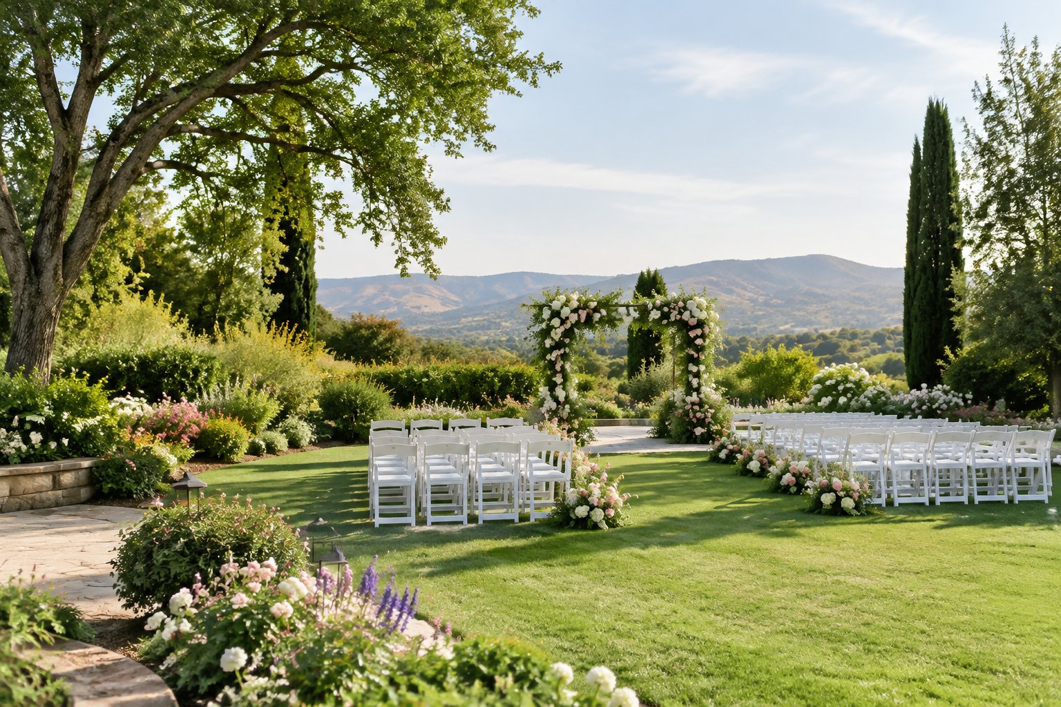 Outdoor wedding ceremony set among colorful flowers in a landscaped garden.