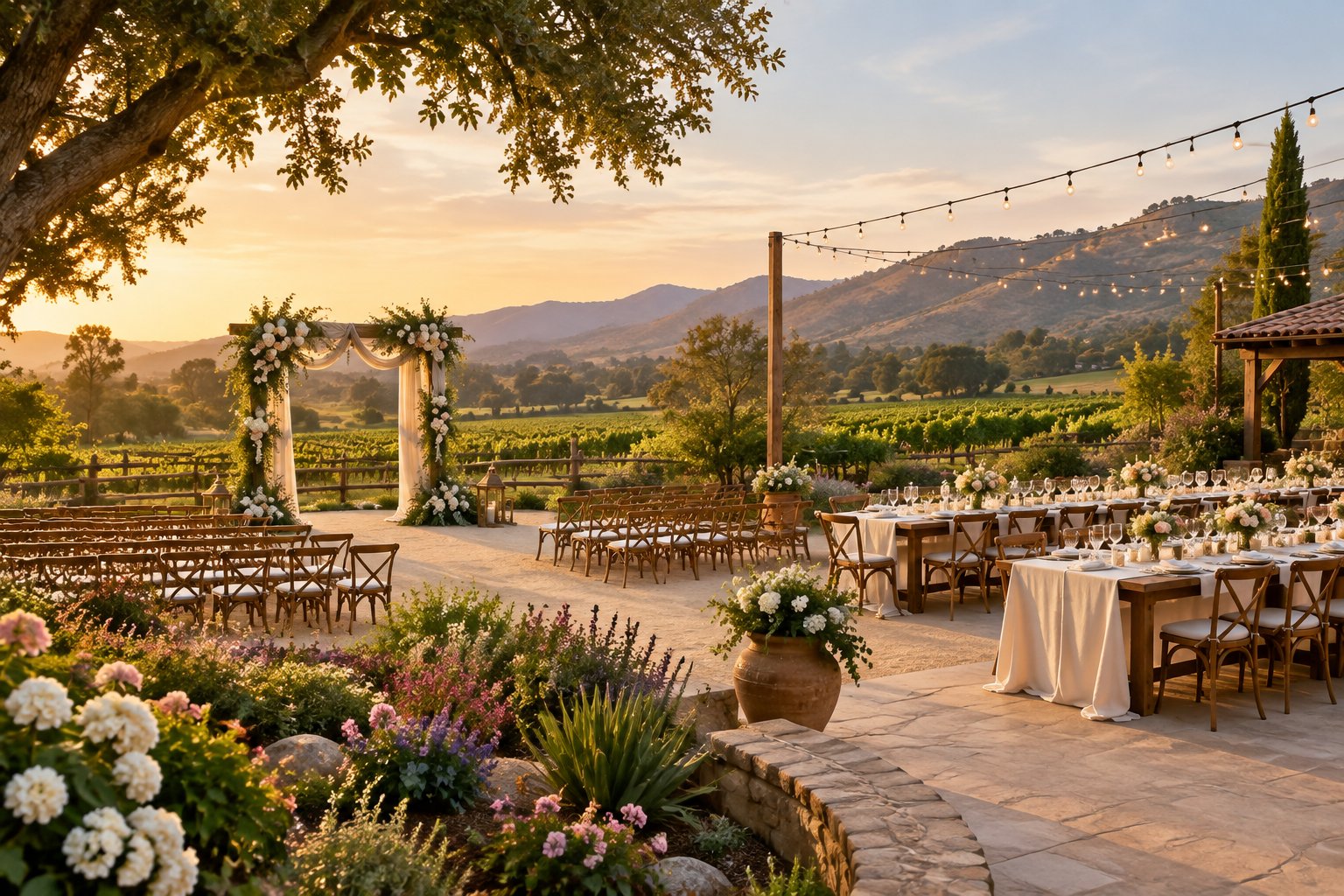 A decorated outdoor wedding ceremony and reception area in a flowering garden beside a vineyard and ranch landscape.