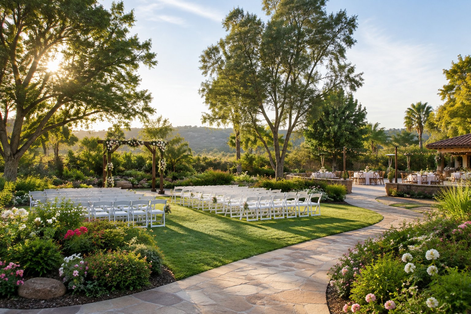 An elegant outdoor wedding ceremony setup in a lush garden with flowers, trees, and neatly arranged white chairs.