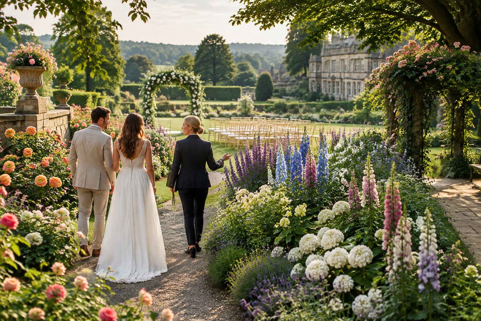 A couple and a coordinator explore a colorful flower garden ceremony setting.