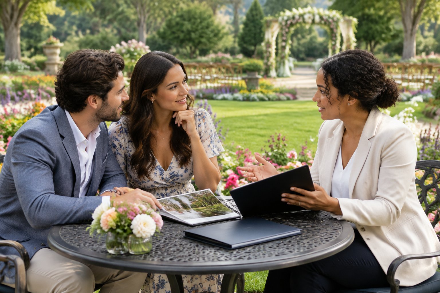 A couple discusses wedding plans with a venue coordinator at a flower-filled garden.