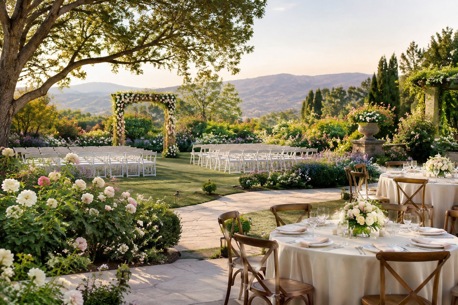 A landscaped garden wedding venue with a flower-covered arch, white ceremony chairs, and a neatly set outdoor reception area.