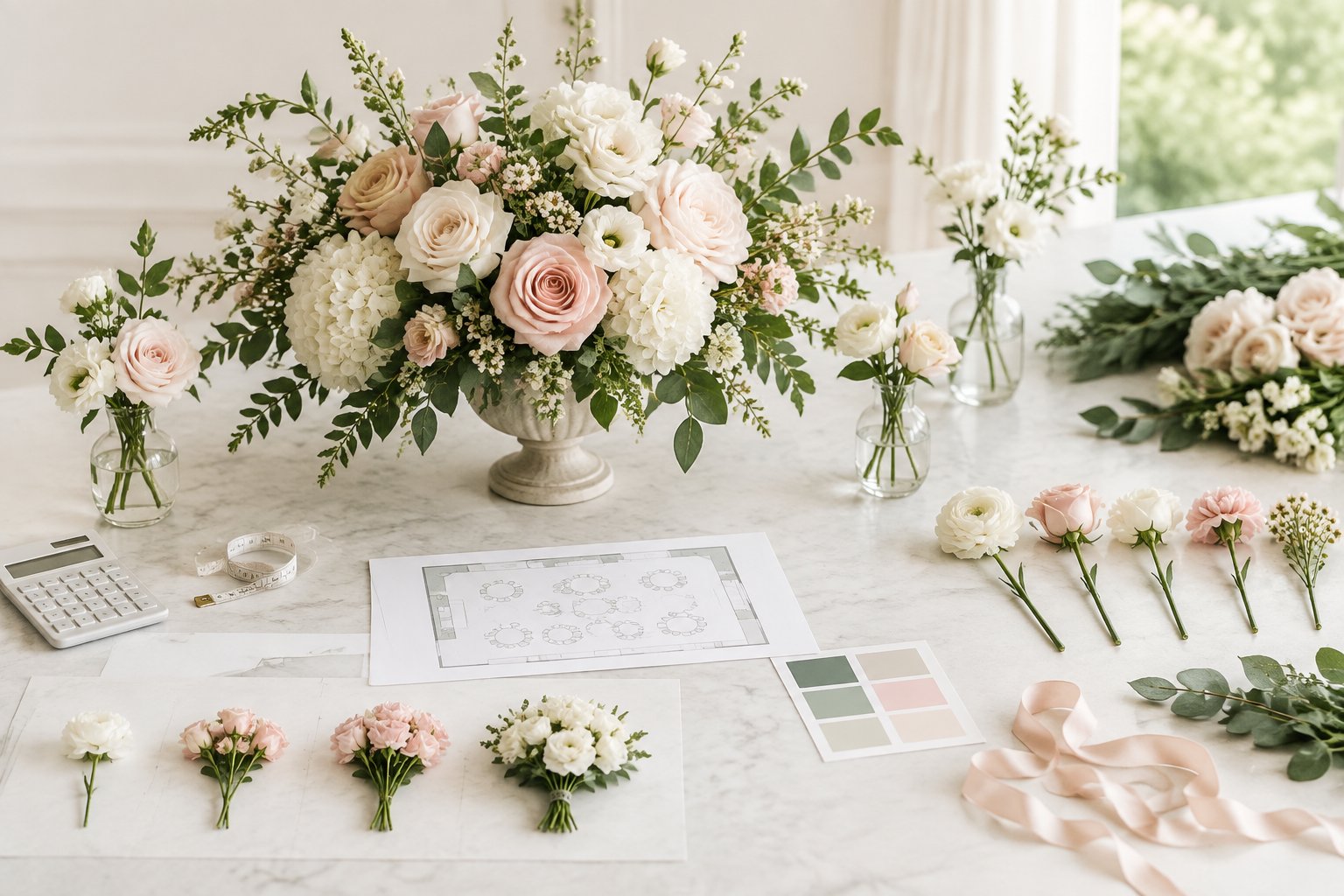 Wedding reception flowers, planning materials, and a calculator arranged on a table.