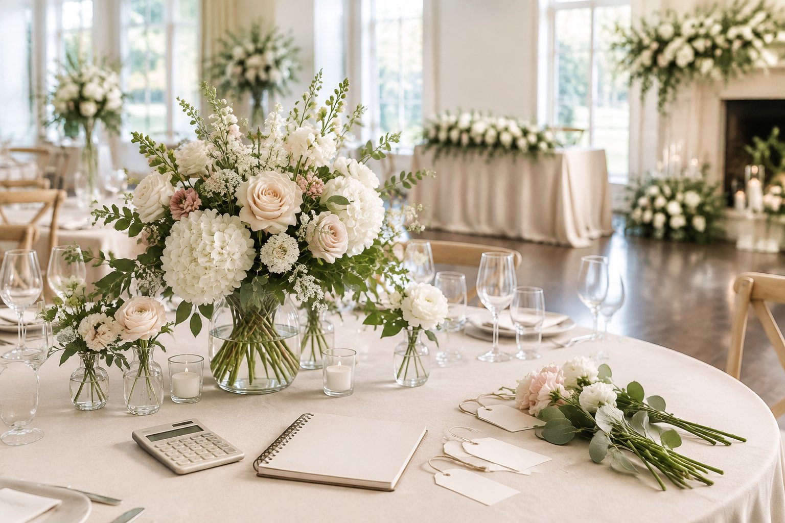 Wedding reception tables decorated with floral centerpieces and greenery.