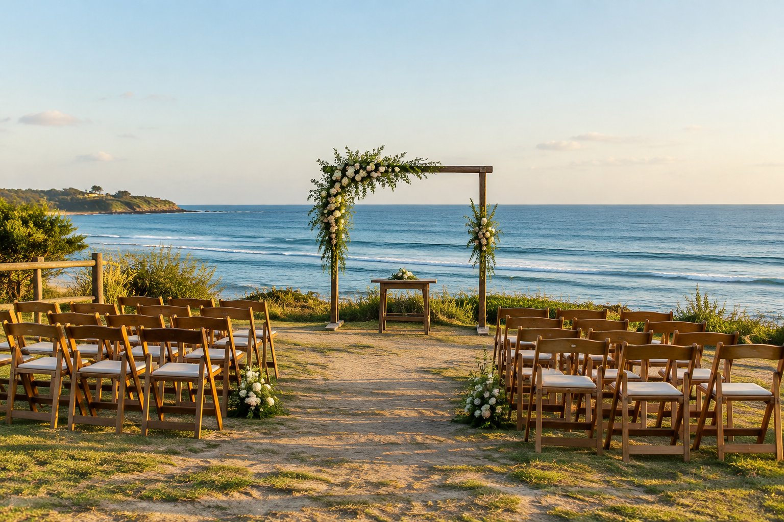 A simple seaside wedding ceremony setup with wooden chairs, a floral arch, and the ocean in the background.