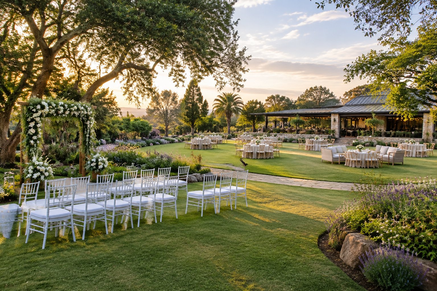 A landscaped garden wedding venue with intimate ceremony seating and a spacious reception lawn in Gauteng.