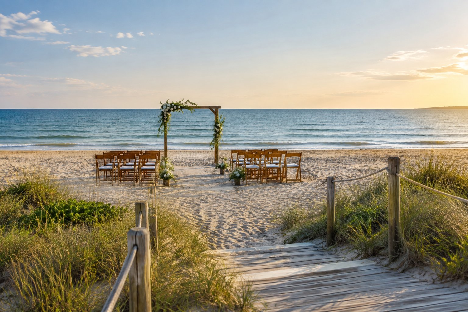 A simple wedding ceremony setup on a public beach beside the ocean.