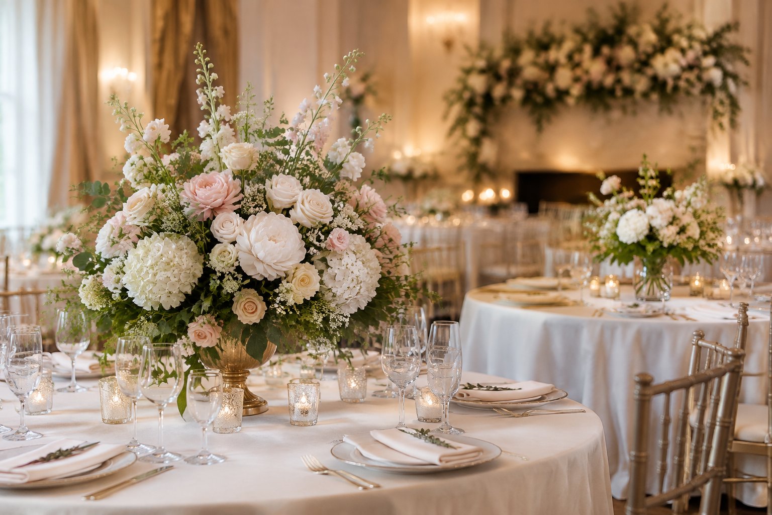 Wedding reception tables displaying elaborate and simple floral centerpieces.