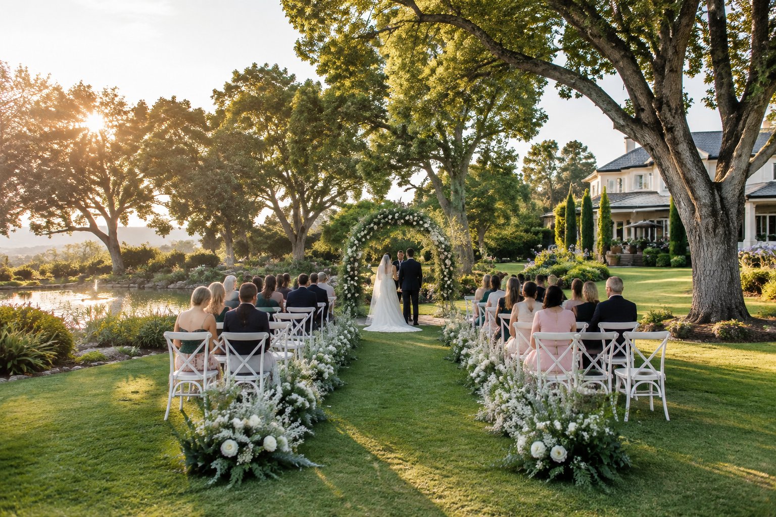 An elegant outdoor wedding ceremony arranged in a lush estate garden.