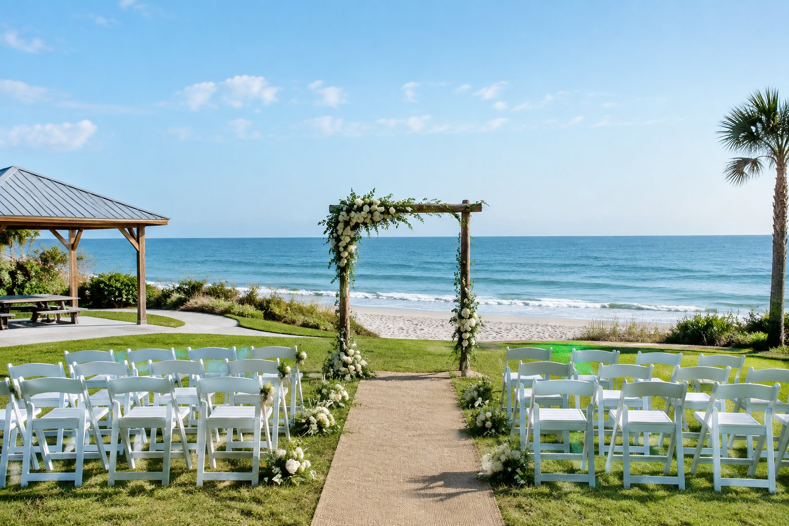 Simple wedding ceremony setup in a public seaside park overlooking the beach.