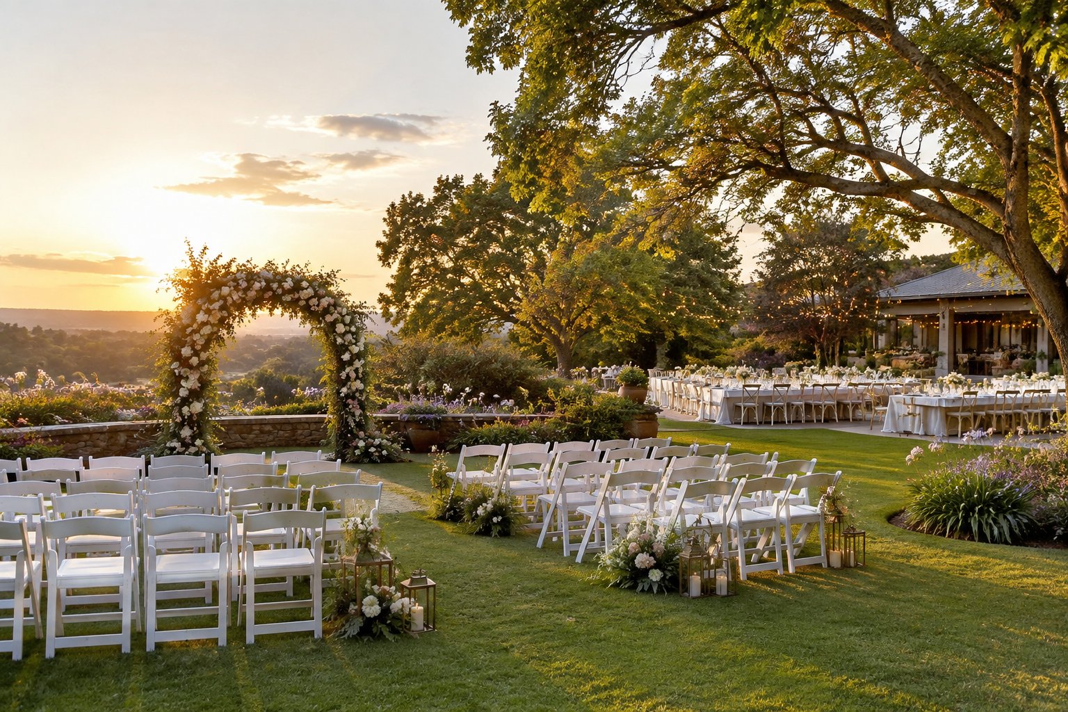 An elegant outdoor wedding ceremony and reception arranged in a lush landscaped garden.