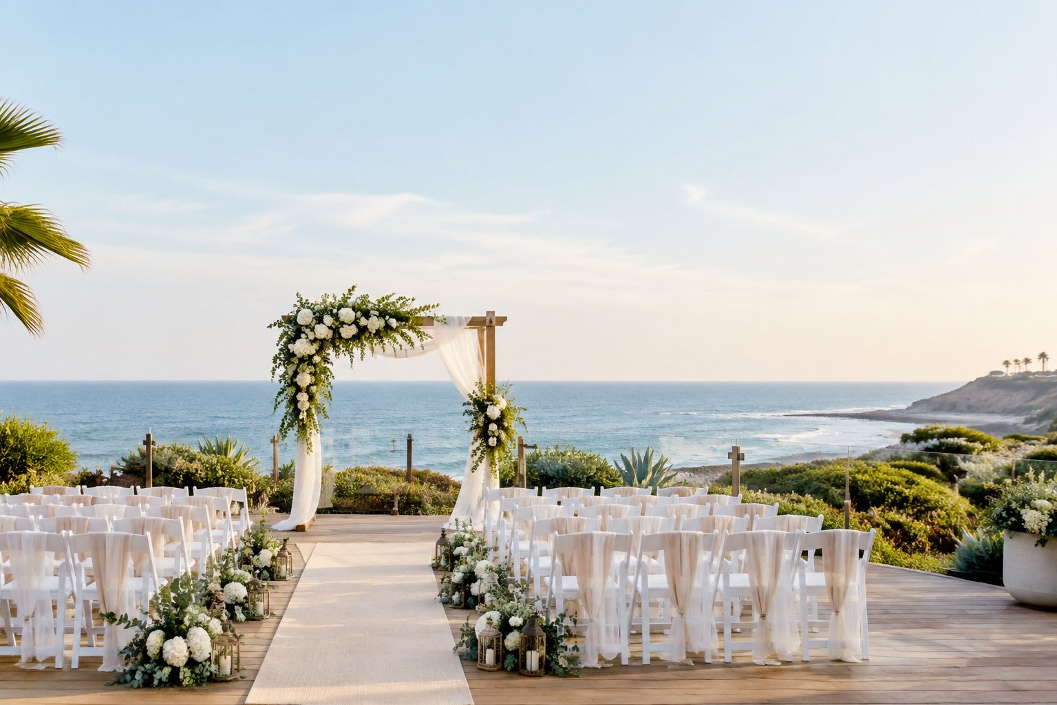 An elegant outdoor wedding ceremony setup on a coastal terrace with the ocean in the background.